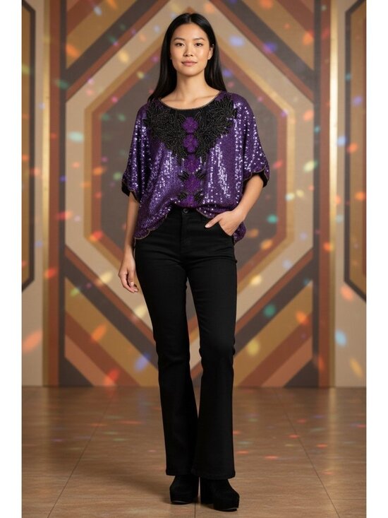 Scala Tops - SCALA Silk Sequins Beaded Tunic Top 2X Purple Dolman Sleeves 90s Retro Evening